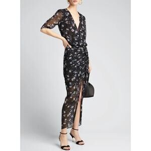 Veronica Beard Mariposa Floral Ruched Midi Dress Black Sz 8